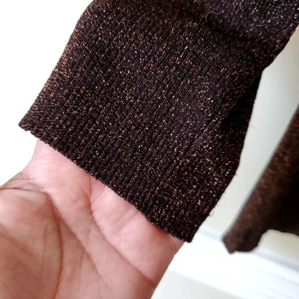 Vtg 90s Rib Knit Brown Metallic Top M Neutral Holiday Cocktail Fall Sally Owens